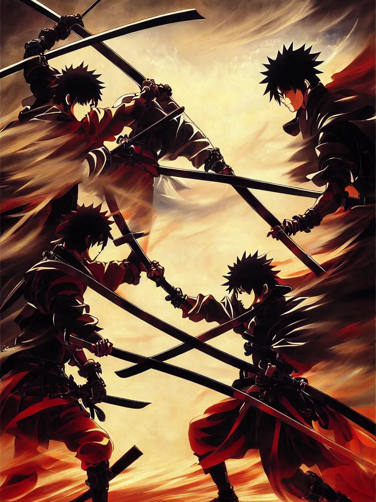 Image similar to baroque oil painting of key visual samurai duel, samurai armor, rain, brutalist fantasy, style of makoto shinkai takashi takeuchi yoshiyuki sadamoto, fate stay night