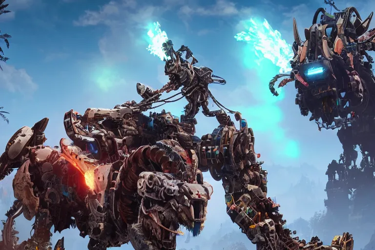 Image similar to behemoth machine mecha animal beast robot of horizon forbidden west horizon zero dawn bioluminiscence global illumination ray tracing hdr fanart arstation by sung choi and eric pfeiffer and gabriel garza and casper konefal