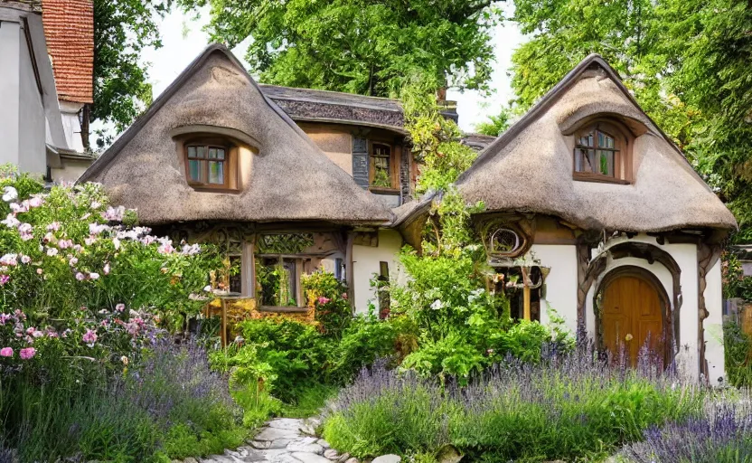 Image similar to cottage style house exterior, lush and green environment, art nouveau, garden with wild flowers and lavender, beige stucco walls, wooden timberwork, cobble stone path way, serene, bohemian