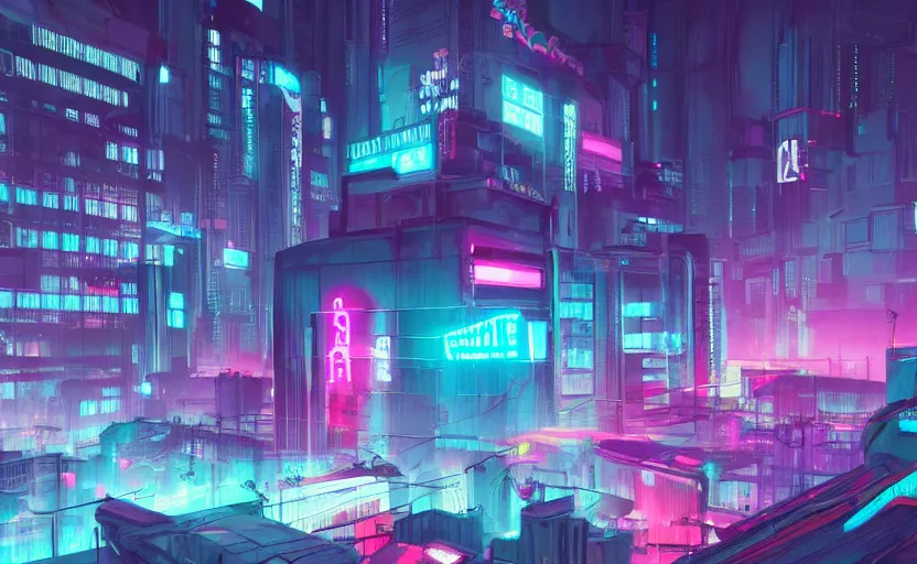 Image similar to pitch, cyberpunk, rooftop, teal neon lights, highly detailed, digital painting, artstation, concept art, sharp focus, illustration