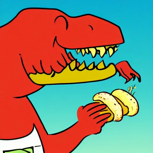 Image similar to a cartoon t - rex eating a hot dog