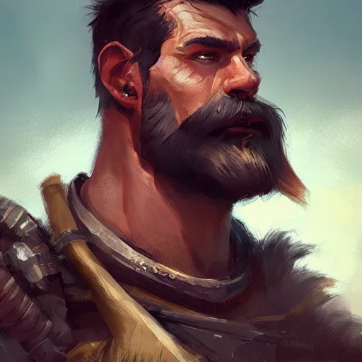 Image similar to portrait old barbarian warrior with trucker mustache and short hair, 8 k, trending on art station, by tooth wu and greg rutkowski