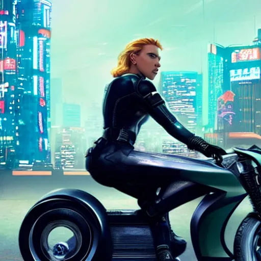 Image similar to scarlett johansson riding a futuristic motorbike in cyberpunk city, realistic, cinematic, hdr