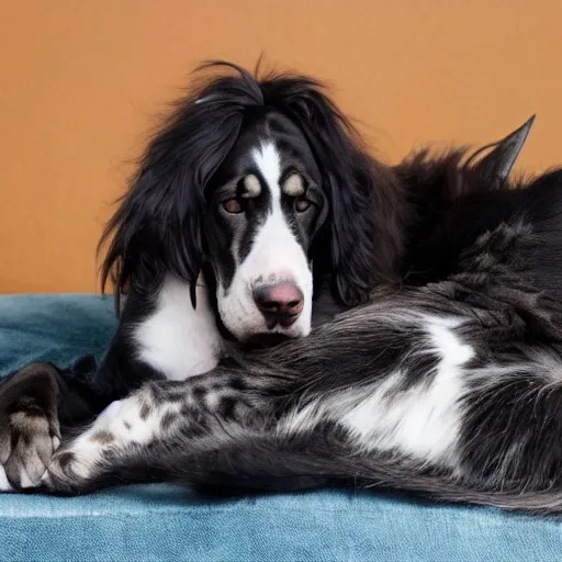Prompt: a maine coon cat cuddling with a great dane dog