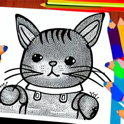 Prompt: Coloring page of an cute old chibi cat knitting a mitten with claws