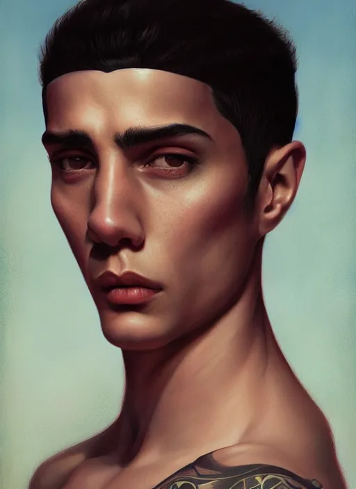 Image similar to portrait of a young latino tough guy, art by manuel sanulian and tom bagshaw