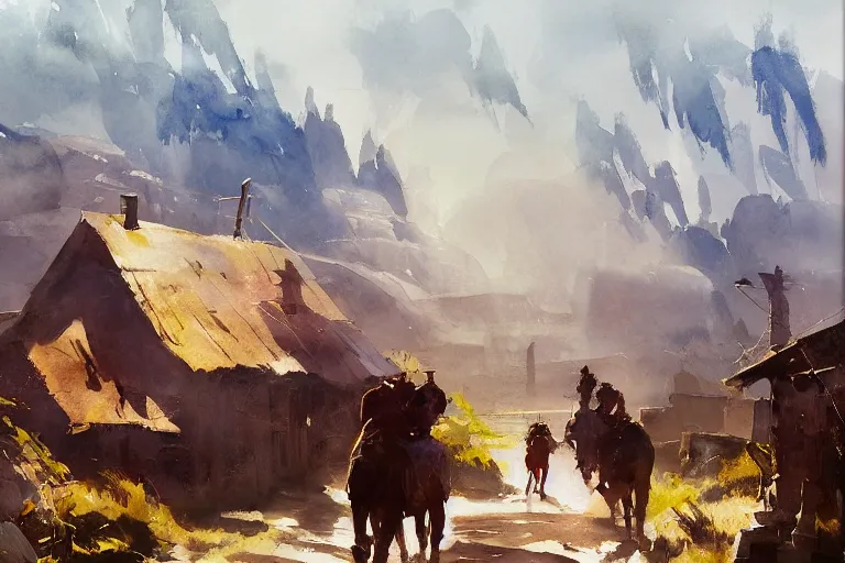 Image similar to paint brush strokes, abstract watercolor painting of western viking town, midday sharp light, dust, cinematic light, american romanticism by hans dahl, by jesper ejsing, by anders zorn, by greg rutkowski, by greg manchess, by tyler edlin