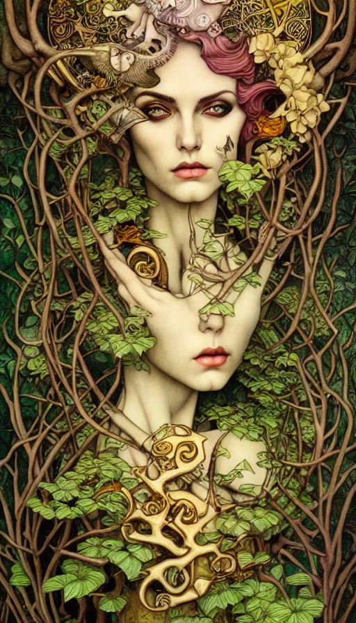 Image similar to M. C. Escher time machine, lush forest painted by tom bagshaw, mobius, mucha M. C. Escher, gold paint, ink, gnarly details