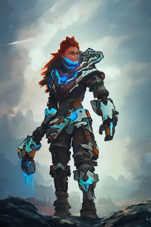 Image similar to combination suit armor aloy horizon forbidden west horizon zero dawn radiating a glowing aura global illumination ray tracing hdr fanart arstation by ian pesty and alena aenami artworks in 4 k tribal robot ninja mask helmet backpack