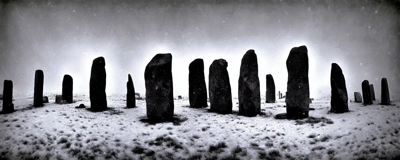 Prompt: a pin - hole photograph of neolithic standing stones, by joel peter witkin, 1 8 0 0 s vintage, camera obscura, aerial view, grainy, snow, highly detailed, gloomy and foggy atmosphere, octane render, bleach bypass, cinematic lighting, photographic emulsion cracked and peeling, tri - x, 8 k, hd