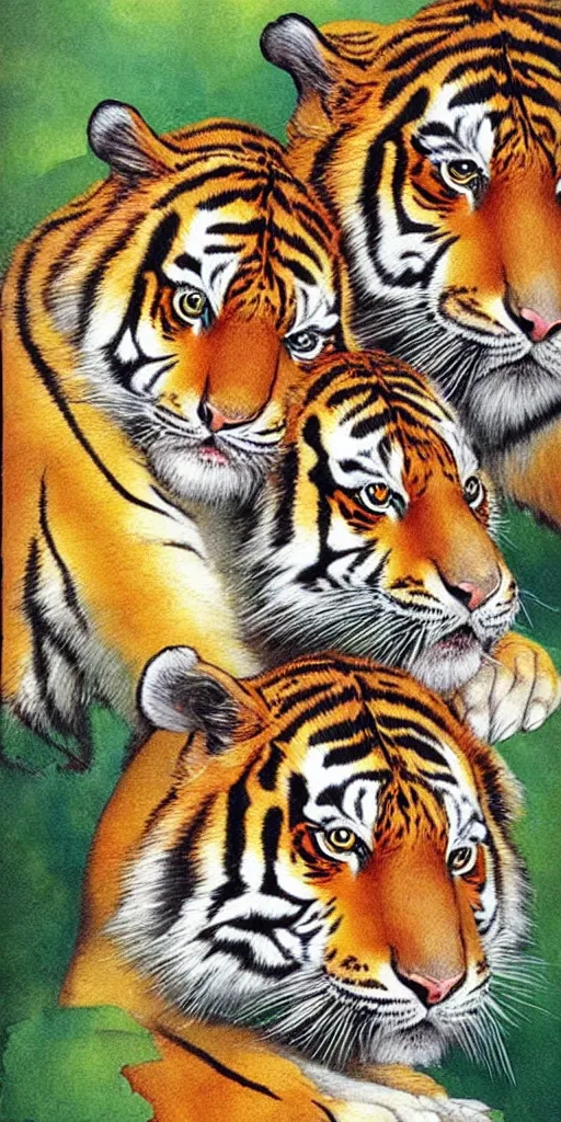 Prompt: greeting card, love, 2 beautiful siberian tigers, by tran nguyen, warm colors, cozy