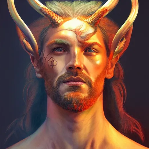 Image similar to Dramatic portraiture of Uuen, the Pictish god of stags, mixed media, trending on ArtStation, by Viktor Vasetnov and ArtGerm and Lucian Freud, luminism