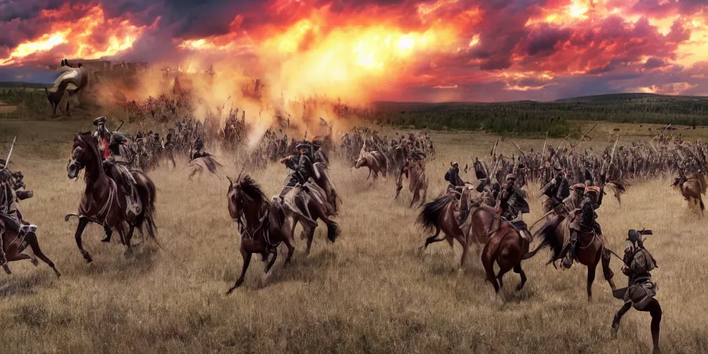 Image similar to promotional movie still rendered in octane, of an action shot from the battle of little bighorn, custer's last stand, majestic horses and their riders, desperate action heading towards the offset center of the scene, dramatic hdr natural light, cinematic lighting, extremely high detail, photorealistic, imax 7 0 mm, iso 4 0 0, 8 k, 4 k, hq