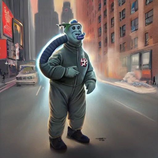 Image similar to a giant ghostbusters stay puff marshmallow man wearing timberland shoes and a yankee hat smoking a joint walking in new york city, highly detailed portrait, digital painting, artstation, artstation hq
