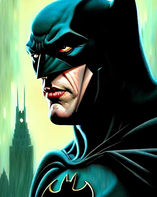 Image similar to batman fantasy character portrait, ultra realistic, cinematic, concept art, wide angle, intricate details, hologram, highly detailed by greg rutkowski, aaron horkey, gaston bussiere, craig mullins, simon bisley, arthur rackham