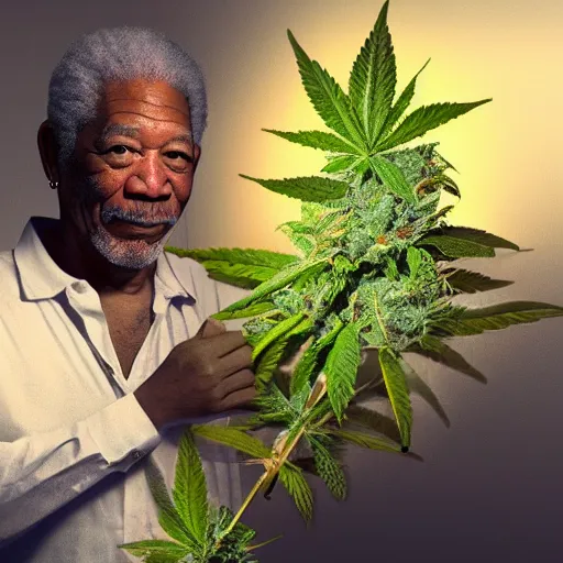 Image similar to Morgan freeman holding a giant marijuana plant, amazing digital art, highly detailed, trending on artstation