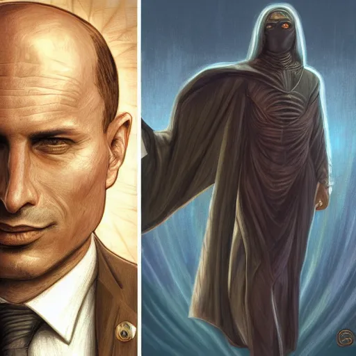 Prompt: israeli prime minister naftali bennett as dune character, portrait, intricate, elegant, highly detailed, digital painting, artstation, concept art, wallpaper, smooth, sharp focus, illustration, art by h. r. giger and artgerm and greg rutkowski and alphonse mucha