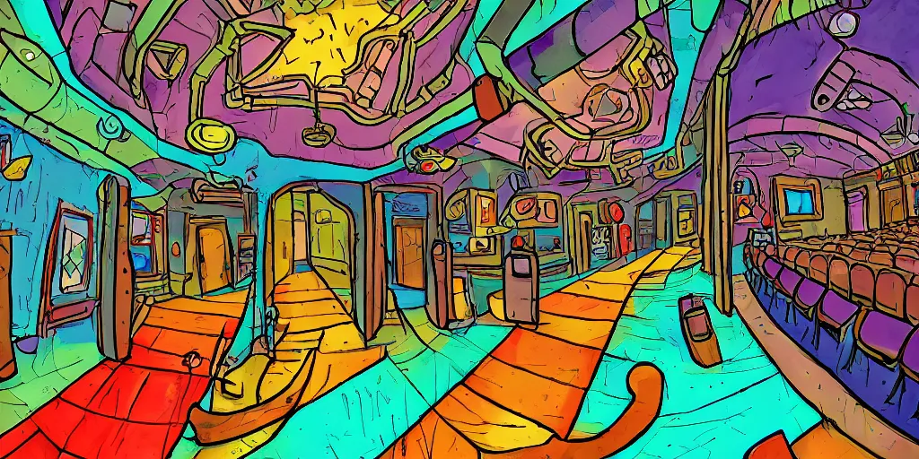 Prompt: a colorful dimly lit, theater access corridor, 3 doors, 1 staircase, day of the tentacle style, fish eye, drawn by Scott C