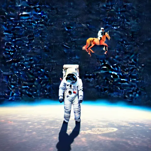 Image similar to an astronaut standing on the ground and a small trippy aggressive centaur standing on that poor human being standing on all fours astronaut raising his arms up, really trying to ride it, the horse is on his shoulders and grabbing them, minimalist style, 3 d render, isometry