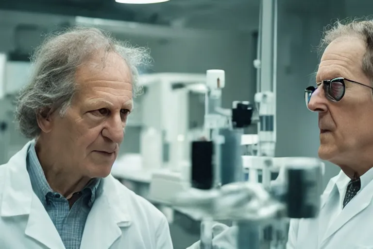 Prompt: an ultra realistic cinematic portrait of an evil male scientist smirking, foggy, stood in a lab, detailed, deep focus, movie still, dramatic lighting, by werner herzog
