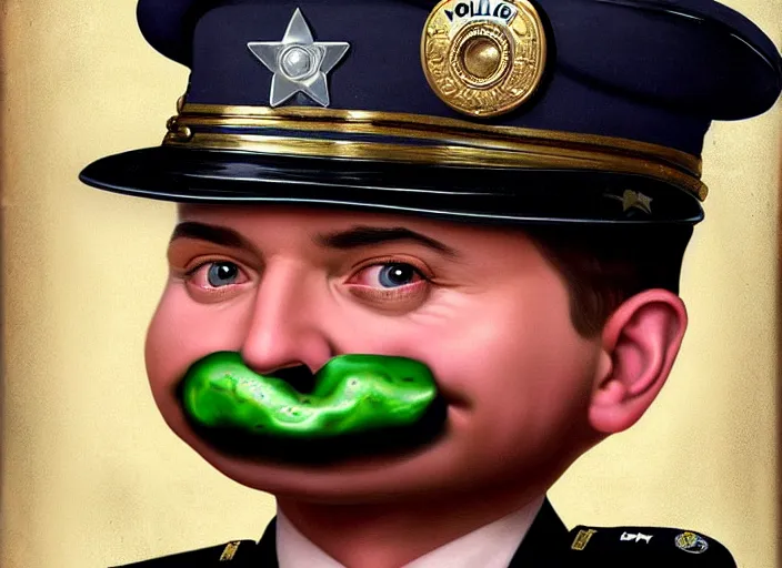 Prompt: a police officer with donut face, lowbrow, matte painting, 3 - d highly detailed, in the style of mark ryden,