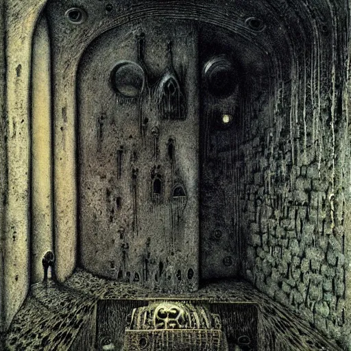 Prompt: the crypt of broken dreams and alternate worlds, by h. r giger and beksinski