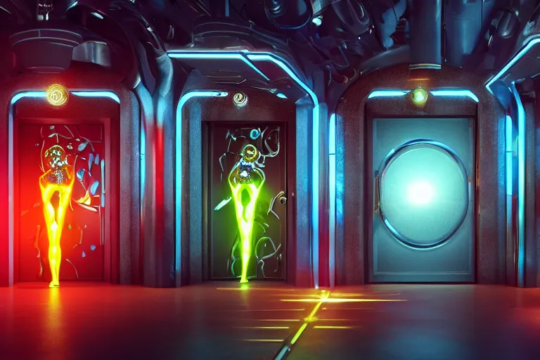 Image similar to entrance door to a futuristic nightclub, in front of the door are 7 golden and blue metal humanoid steampunk robots wearing and gears and tubes, eyes are glowing red lightbulbs, shiny crisp finish, 3 d render, 8 k, insaneley detailed, fluorescent colors, background is back yrad of a nightclub, nightlight