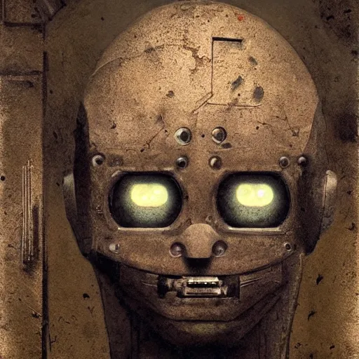 Prompt: photo of an old dirty robot looking at the camera and smiling with a creepy face in a basement by Greg Rutkowski, dark, creepy, horror, disgusting, dust, brown scheme color, uncanny valley