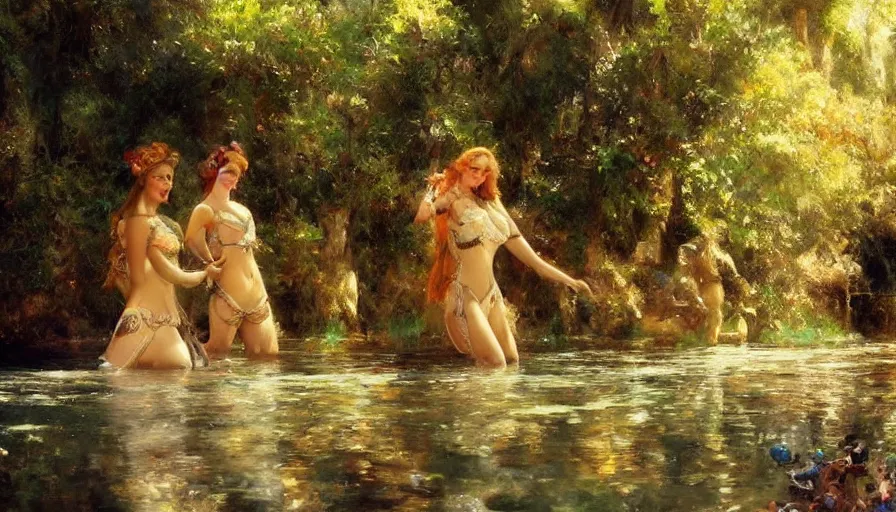 Image similar to enchanted liberland with pretty women enjoying water, hyperdetailed, artstation, painting by gaston bussiere, craig mullins, j. c. leyendecker r