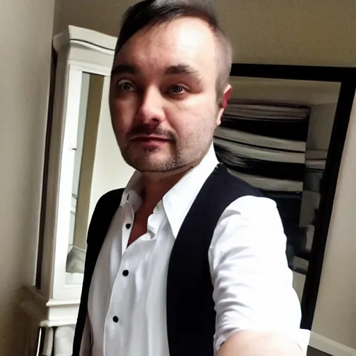 Prompt: a man with black vest and white shirt selfie in mirror full body