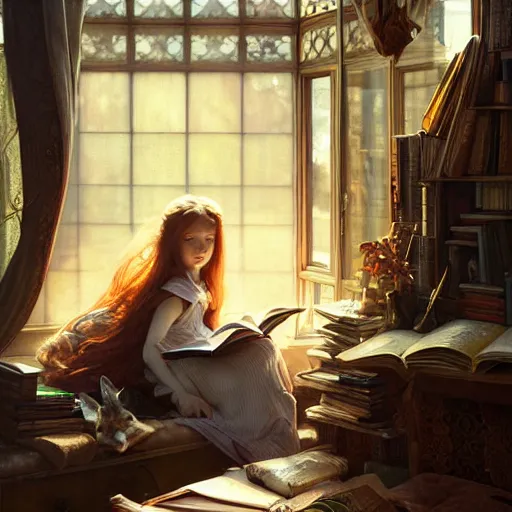 Prompt: Portrait of a girl in cluttered windowed study, reading a book while light streams in through the skylight, her pet fox sleeping beside her, fantasy, intricate, elegant, highly detailed, digital painting, artstation, concept art, smooth, sharp focus, illustration, art by Krenz Cushart and Artem Demura and alphonse mucha