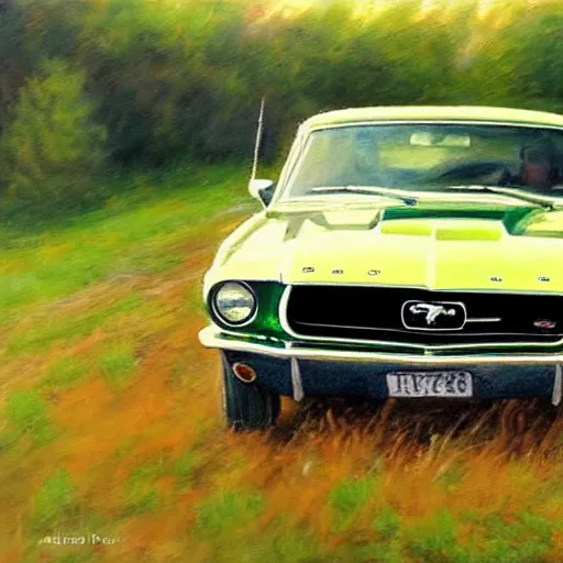 Image similar to green 1967 Ford Mustang GT, Swedish countryside, freedom, dawn, beautiful woman, atmospheric, painting by Vladimir Volegov