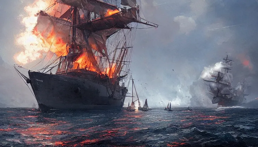 Image similar to navy sailing ship, old sailing warship attacked by fire breathing dragon as the sailing ship pulls into port by greg rutkowski