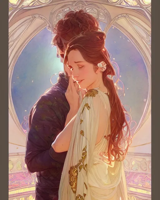 Image similar to secret romance, highly detailed, gold filigree, romantic storybook fantasy, soft cinematic lighting, award, disney concept art watercolor illustration by mandy jurgens and alphonse mucha and alena aenami, pastel color palette, featured on artstation