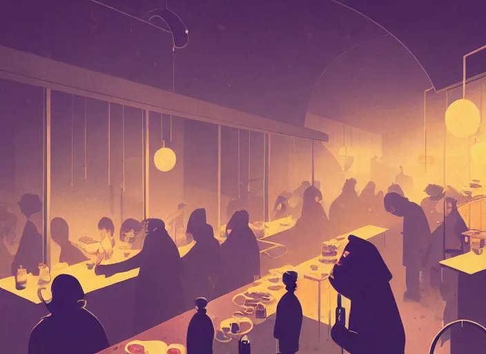 Image similar to illustrated crowded cafe interior, colorful, mads berg, karolis strautniekas, christopher balaskas, stippled light, low fog, moody, fine texture, editorial illustration, dramatic lighting, dynamic composition, detailed, matte print, muted color, ( ( victo ngai ) ), wide angle