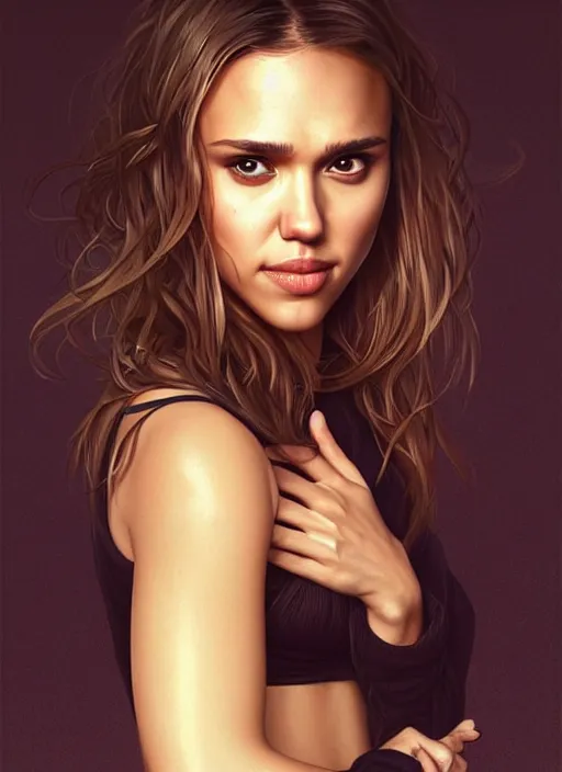 Image similar to half Jessica Alba half Nathalie Portman half scarlett johansonna pure seductive angel, full body portrait, slight smile, diffuse natural sun lights, autumn lights, highly detailed, digital painting, artstation, concept art, sharp focus, illustration, art by wlop and greg rutkowski and alphonse mucha and artgerm