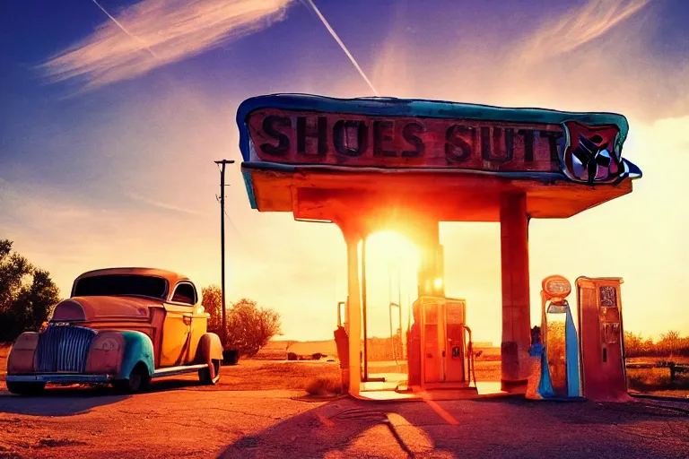 Image similar to a sunset light landscape with historical route 6 6, lots of sparkling details and sun ray ’ s, blinding backlight, smoke, volumetric lighting, colorful, octane, 3 5 mm, abandoned gas station, old rusty pickup - truck, beautiful epic colored reflections, very colorful heavenly, softlight