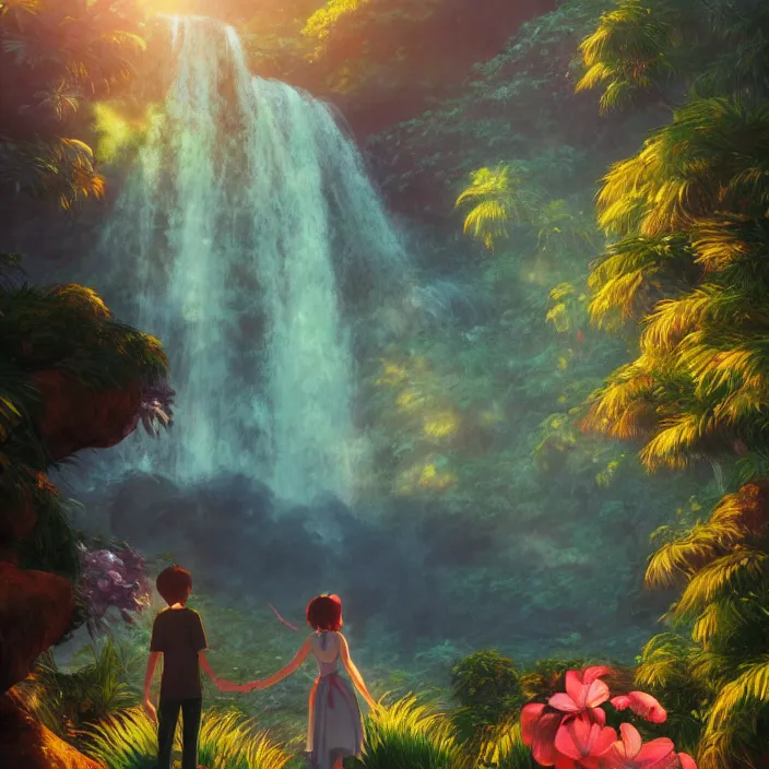 Image similar to an epic makoto shinkai and renoir landscape with a hawaiian waterfall, golden hour, 🌺, ultra smooth, octane render, lois van baarle, ilya kuvshinov