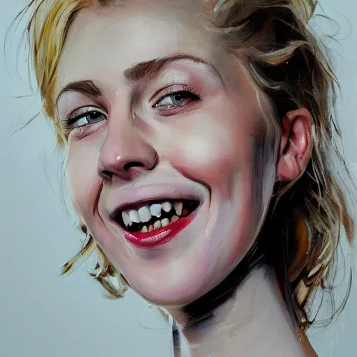 Prompt: portrait painting of woman from scandinavia, 2 0, years old, blonde hair, daz, occlusion, smiling and looking directly, brushstrokes, white background, art by enki bilal
