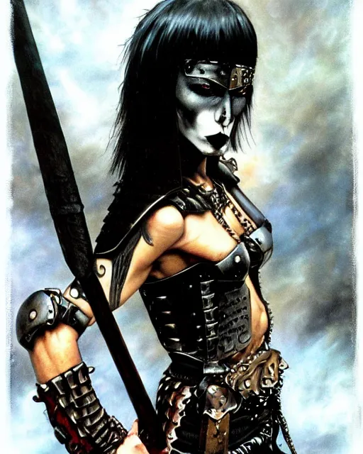 Prompt: portrait of a skinny punk goth warrior wearing armor by simon bisley, john blance, frank frazetta, fantasy, barbarian, hardcore