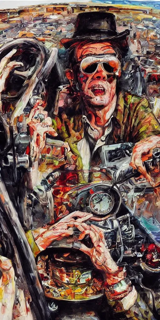 Image similar to oil painting scene from Fear an loathing in las vegas movie art by kim jung gi