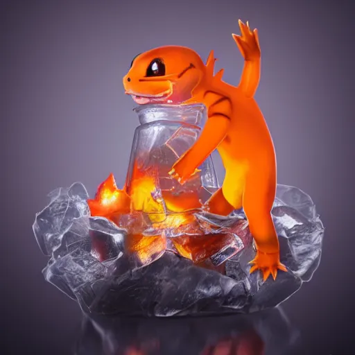 Image similar to a charmander clear ice sculpture, ultra realistic, concept art, intricate details, highly detailed, photorealistic, octane render, 8 k, unreal engine, photography