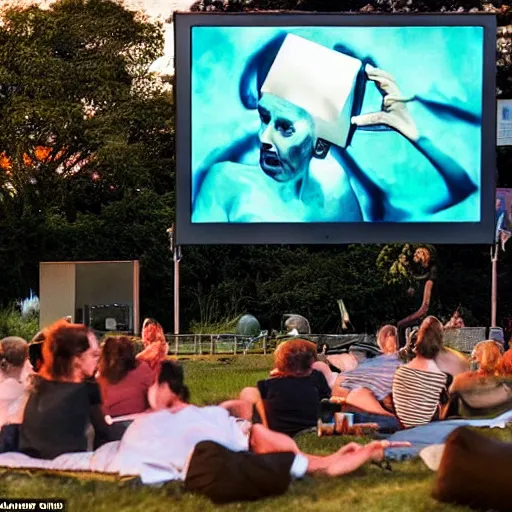 Image similar to futuristic film festival frameout shows films from predominantly domestic production on a summer outdoor cinema screen, salvador dali style