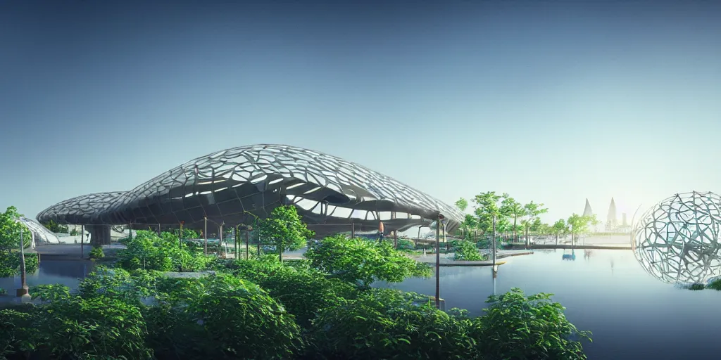 Image similar to montreal expo 6 7 pavillion, solarpunk, studio ghibli, jean - baptiste monge, octane render, 4 k, symmetry