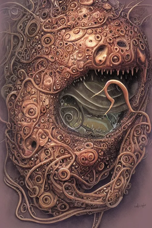 Prompt: eldritch biomechanical axolotl tentacle fish shoggoth, mouths, eyes, masterpiece, intricate, elegant, highly detailed, digital painting, smooth, sharp focus, illustration, art by james gurney, graeme base, brian froud, alan lee