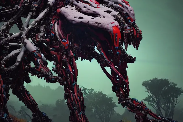 Image similar to portrait of a posed hyper detailed complex, plowhorn evangelion realistic mechanical and organic creature similar look as horizon forbidden west horizon zero dawn bioluminiscence in a dark deep forest at dawn in spring, with reflection and textures, by kilian eng, substance painter reaslitic mech surface metal painted scratches