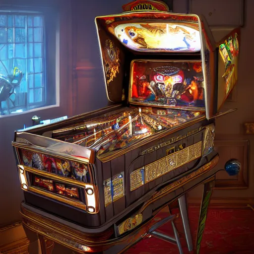 Image similar to a baroque pinball machine, realistic, artstation, mate painting, cinematic lighting