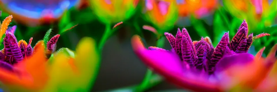 Image similar to Solarpunk synthetic plants blooming, close-up, colourful, 8k, stunning, award winning, world press photo, speculative futures, calm atmosphere by photographer Will Ellis