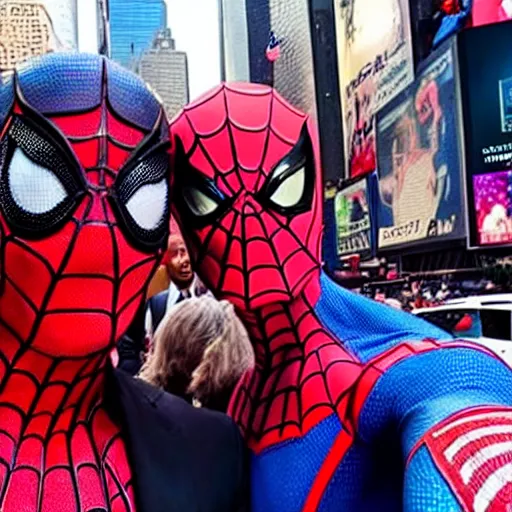 Image similar to a selfie spider - man took with donald trump at time square i'm nyc.