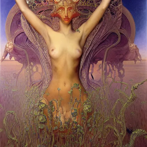 Image similar to queen of atlantis by zdzisław beksinski, alexander mcqueen, gaston bussiere and alphonse mucha. highly detailed, hyper - real, beautiful